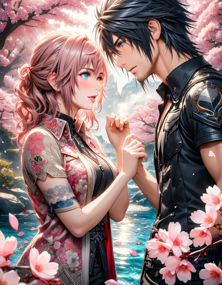 Ultra detailed, HDR, Highres, absurdres, master piece, Claire Farron, wavy pink short hair, expressive aqua pale eyes, Lightning Farron, Final Fantasy XIII, Noctis Lucis Caelum, black hair, expressive blue eyes, Final Fantasy XV, a beautiful woman together with a handsome man, couple, love, water, fantasy, magical, white feathers, pink petals, best quality, white and black clothes with patterns, red cape, blossoms, pink flowers, cherry blossoms