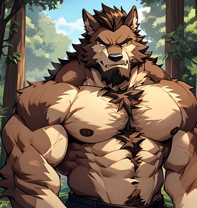 a cartoon image of a man with a big chest and a big chest, hairy chest, werewolf musculoso, thick, hairy fluff on the neck and chest, fluffy chest, hairy brown body, hairy body, muscular gigachad, hairy torso, hairy chest, angry, high morale, sexy, werewolf, partially male hairy torso, Sparse hair on chest, hairy chest and hairy body, NSFW version