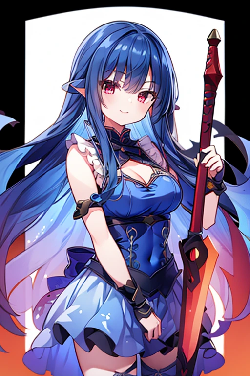 (masterpiece),best quality, perfect face, 1girl, beautiful, legendary hero girl, blue armor, blue long hair, Red eyes, evil smile, medium breast, cleavage, holding a sword, looking at viewer, fantasy background,