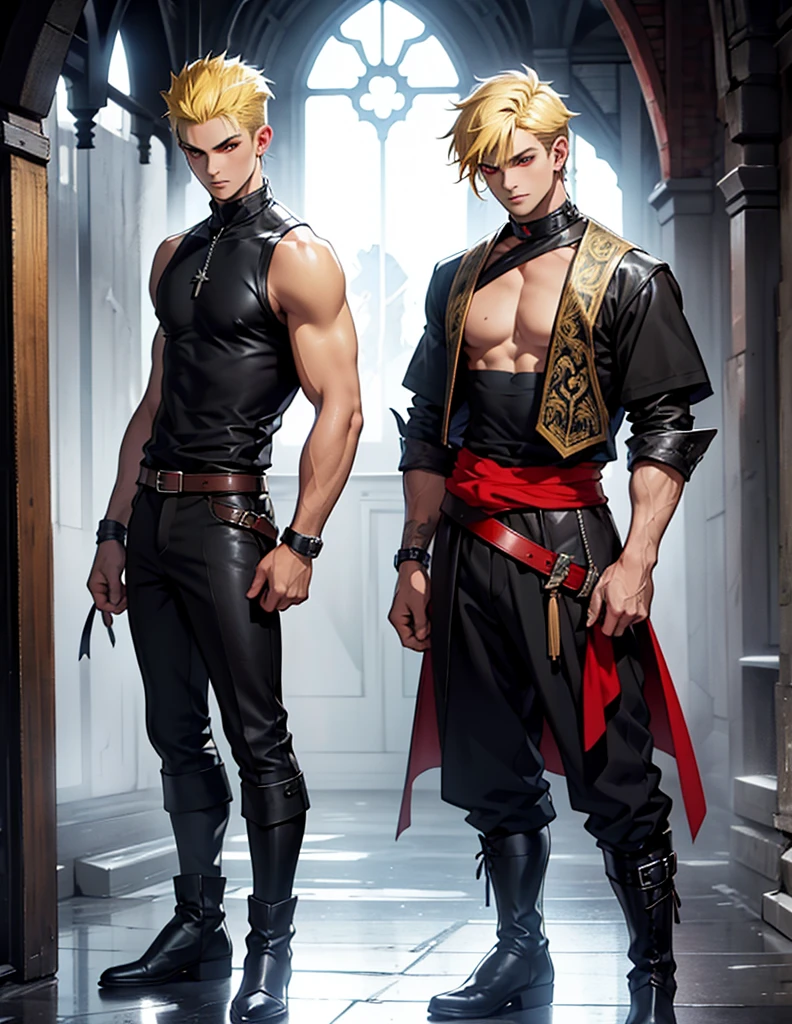 21:12:26 A handsome Galician boy with red eyes, short hair, full body view with a black shirt, medieval clothes and leather boots, sword, blonde hair, yellow hair, open tank top, chest sample