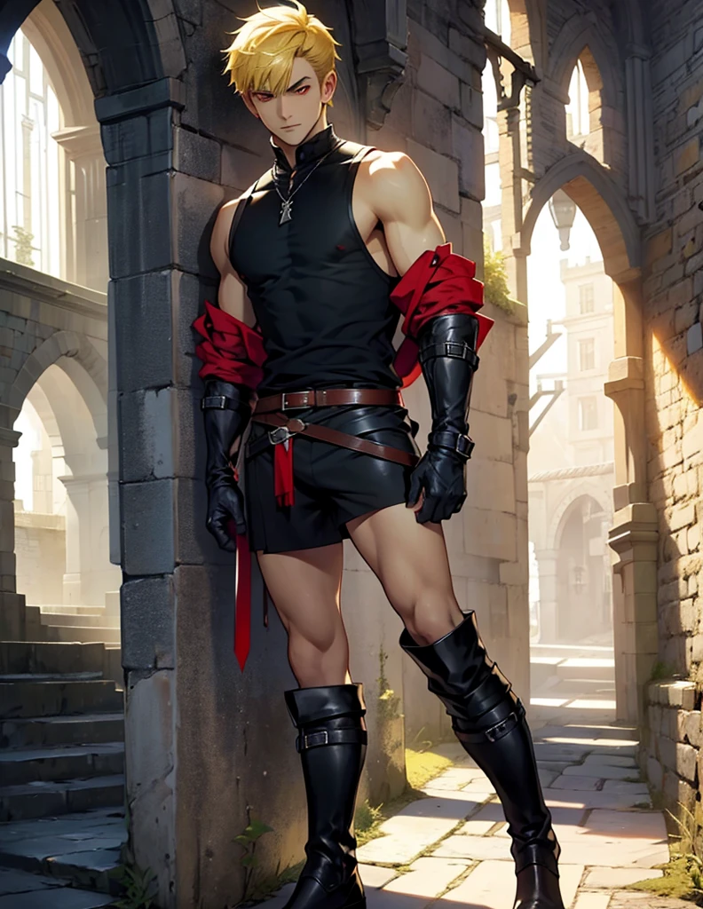 A handsome Galician boy with red eyes, short hair, full body view with a black shirt, medieval clothes and leather boots, sword, blonde hair, yellow hair, open tank top, chest sample