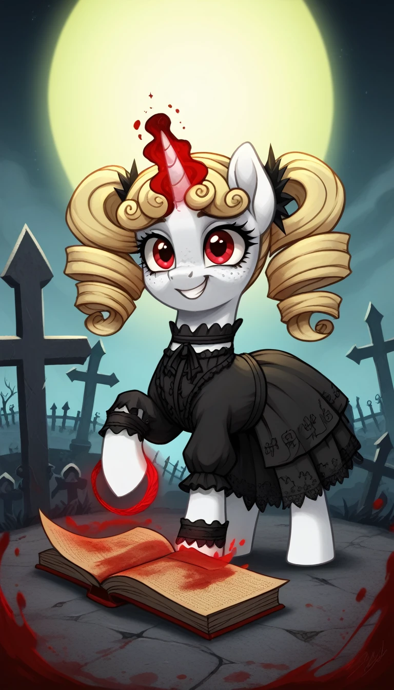 score_9,score_8_up,score_7_up,score_6_up, filly, unicorn, white fur, curly blonde hair, curly twintails, freckles, red eyes, Gothic pony, ta fashion, glowing backlight, fashion show, graveyard scene, glitter, whimsical, enchanted, magical, fantasy art concept, intricate details, insane smile, blood splatter on face, floating, holding spell book, glowing horn,