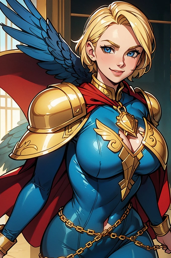 Young female, blonde with short hair, with big, bright blue eyes, wearing a blue costume, defined chest, wearing a golden shoulder pad in the shape of an eagle, with a golden chain running across his chest holding a red cape Smiling with blood splash on face and clothes