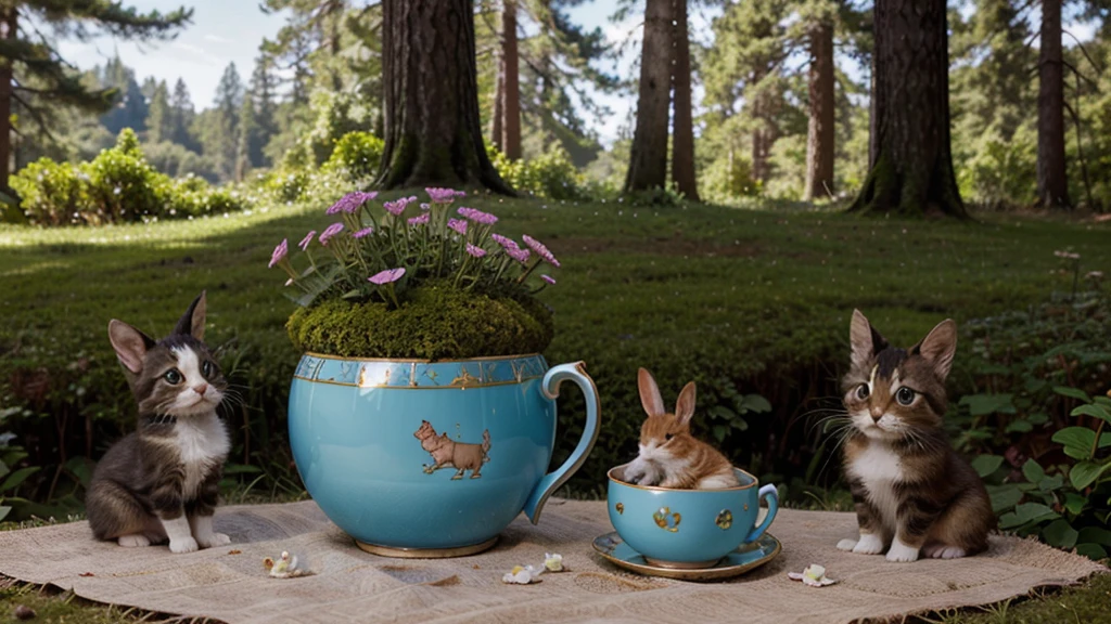 A delightful and enchanting scene of three small, anthropomorphic animals – a puppy, a kitten, and a baby bunny – sitting harmoniously in a vibrant blue China teacup. The kitten is dressed as a fireman, the puppy as a policeman, and the bunny as a cowboy. Set against the backdrop of a Pacific Northwest forest clearing, with a large, moss-covered rock beneath the teacup, the composition exudes a sense of happiness and charm. The image is rendered in a 3D, cinematic style, making it perfect for a poster or conceptual art piece., portrait photography, cinematic, conceptual art, poster, 3d render, vibrant, photo
