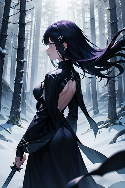 raven in background shadow covered girl, covered in shadows, lack shadows in background Anime girls, carrying katana, anime, short black hair with neon purple highlights, hair is above shoulder height, smooth beautiful, 4k, anime art, pendant on hair, cross t necklace, vivid black  dress, battle armor golden armor, little clothing (( Deep in the forest there are stone angels all black and dark, anime dark styler,girl walking forward, camera on the back girl, view from the back, dark colors for the environment, gloomy environment))In this image, we see a girl walking boldly in a dark forest at night. The camera is positioned behind her, highlighting her solitary figure in contrast to the dark surroundings. Her long, loose hair flows in the wind, while her dress and cape add a sense of mystery and vulnerability. Holding a torch, revealing a determined but also vulnerable expression. The image quality is sharp, capturing every detail of the scene and conveying a palpable sense of tension and emotion.(