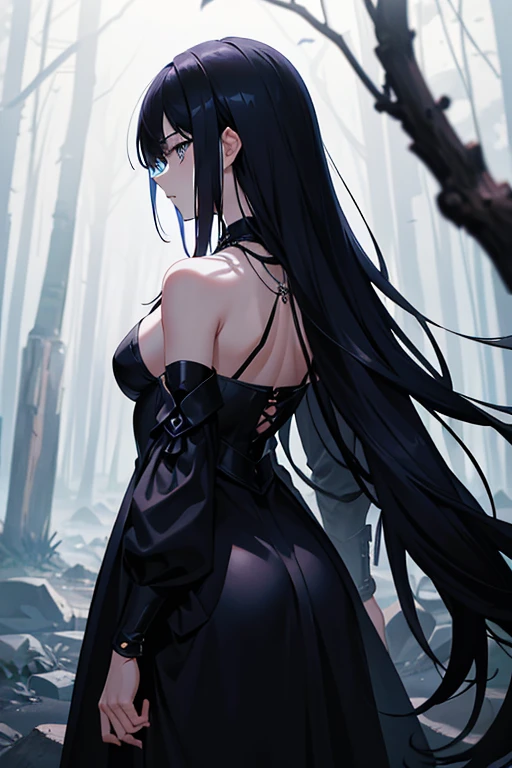 raven in background shadow covered girl, covered in shadows, lack shadows in background Anime girls, carrying katana, anime, short black hair with neon purple highlights, hair is above shoulder height, smooth beautiful, 4k, anime art, pendant on hair, cross t necklace, vivid black  dress, battle armor golden armor, little clothing (( Deep in the forest there are stone angels all black and dark, anime dark styler,girl walking forward, camera on the back girl, view from the back, dark colors for the environment, gloomy environment))In this image, we see a girl walking boldly in a dark forest at night. The camera is positioned behind her, highlighting her solitary figure in contrast to the dark surroundings. Her long, loose hair flows in the wind, while her dress and cape add a sense of mystery and vulnerability. Holding a torch, revealing a determined but also vulnerable expression. The image quality is sharp, capturing every detail of the scene and conveying a palpable sense of tension and emotion.(