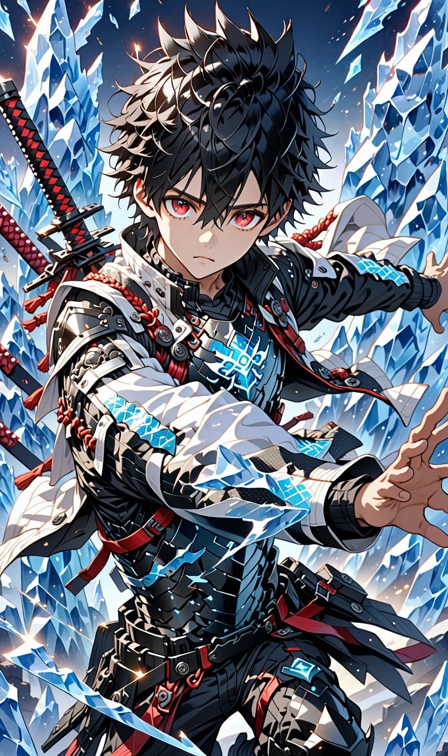 1boy, masterpiece, best quality, very aesthetic, absurdres,newest, anime style, sung jin woo,  solo leveling, black hair, HairDetailer, short hair, (ice neon black tech samurai armor:1.3)), (White kirito jacket:1.3), (glows deep ruby red eyes:1.2), (gradient eyes:1.2), (symmetrical eyes:1.2), big highlight on eyes:1.3), BeautifulEye, dynamic angle, thunder clap pose, GoodHands, intricate, surreal, intricate, Add Detail, 