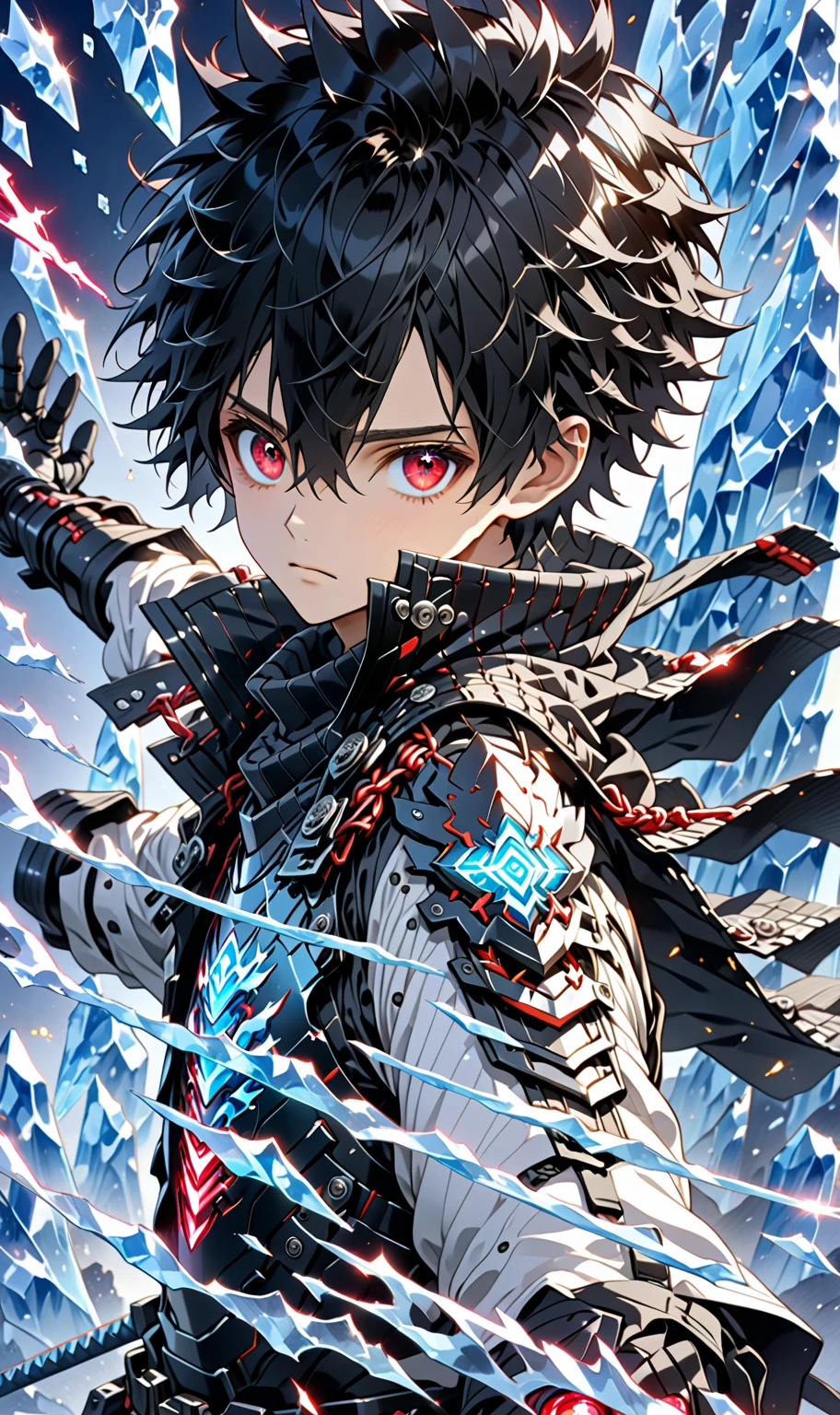 1boy, masterpiece, best quality, very aesthetic, absurdres,newest, anime style, sung jin woo,  solo leveling, black hair, HairDetailer, short hair, (ice neon black tech samurai armor:1.3)), (White kirito jacket:1.3), (glows deep ruby red eyes:1.2), (gradient eyes:1.2), (symmetrical eyes:1.2), big highlight on eyes:1.3), BeautifulEye, dynamic angle, thunder clap pose, GoodHands, intricate, surreal, intricate, Add Detail, 