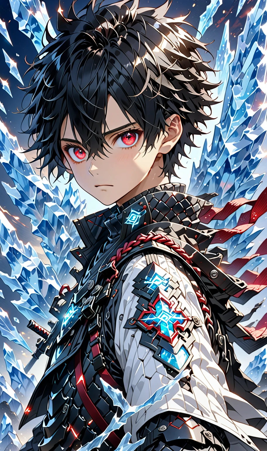 1boy, masterpiece, best quality, very aesthetic, absurdres,newest, anime style, sung jin woo,  solo leveling, black hair, HairDetailer, short hair, (ice neon black tech samurai armor:1.3)), (White kirito jacket:1.3), (glows deep ruby red eyes:1.2), (gradient eyes:1.2), (symmetrical eyes:1.2), big highlight on eyes:1.3), BeautifulEye, dynamic angle, thunder clap pose, GoodHands, intricate, surreal, intricate, Add Detail, 