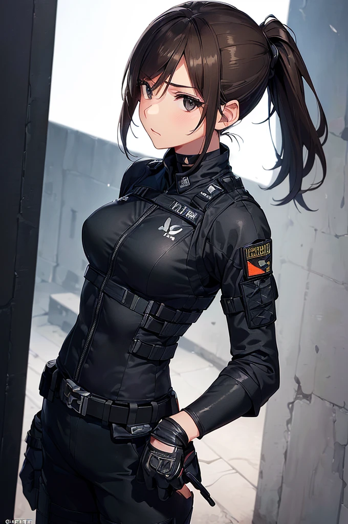 (((masterpiece; best quality: 1.2))), (finely detailed eyes: 1.3), (25 year old woman), (solo), (black eyes: 1.4), (body; toned, fit, soldier: 1.3), (silky brown hair + ponytail: 1.3), (beautiful and clear background: 1.2), ((depth of field)), (equipment: spec ops full black tactical combat-ready gear + kevlar vest + black tactical shirt + black tactical pants + black gloves + black baseball cap + pouches: 1.3), (anime illustration: 1.2), (background composition; military base office: 1.1), (extremely fine and beautiful: 1.1), (shot composition; standing + centered on torso + close-up: 1.5), (expression; calm, stoic: 1.2)