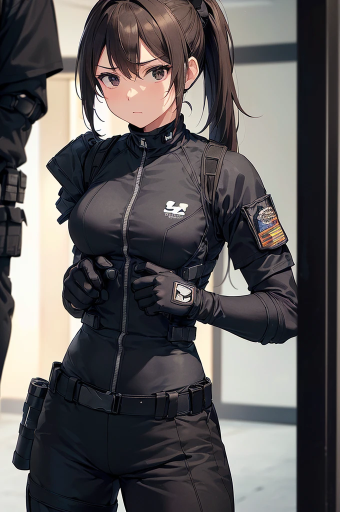 8K Ultra High-Quality, ultra-detailed, High quality, Dark Blue hair, Long hair, Blue eyes, Headset, cat girl, Grey Tactical clothes, Dark grey trimmings, Military clothes, black spandex under clothes, body harness, Looking at viewer, choker, glasses, full body, side view