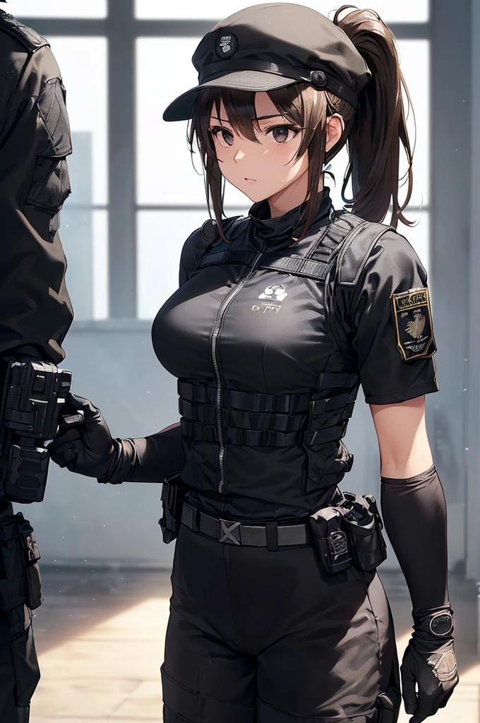 (((masterpiece; best quality: 1.2))), (finely detailed eyes: 1.3), (25 year old woman), (solo), (black eyes: 1.4), (body; toned, fit, soldier: 1.3), (silky brown hair + ponytail: 1.3), (beautiful and clear background: 1.2), ((depth of field)), (equipment: spec ops full black tactical combat-ready gear + kevlar vest + black tactical shirt + black tactical pants + black gloves + black baseball cap + pouches: 1.3), (anime illustration: 1.2), (background composition; military base office: 1.1), (extremely fine and beautiful: 1.1), (shot composition; standing + centered on torso + close-up: 1.5), (expression; calm, stoic: 1.2)