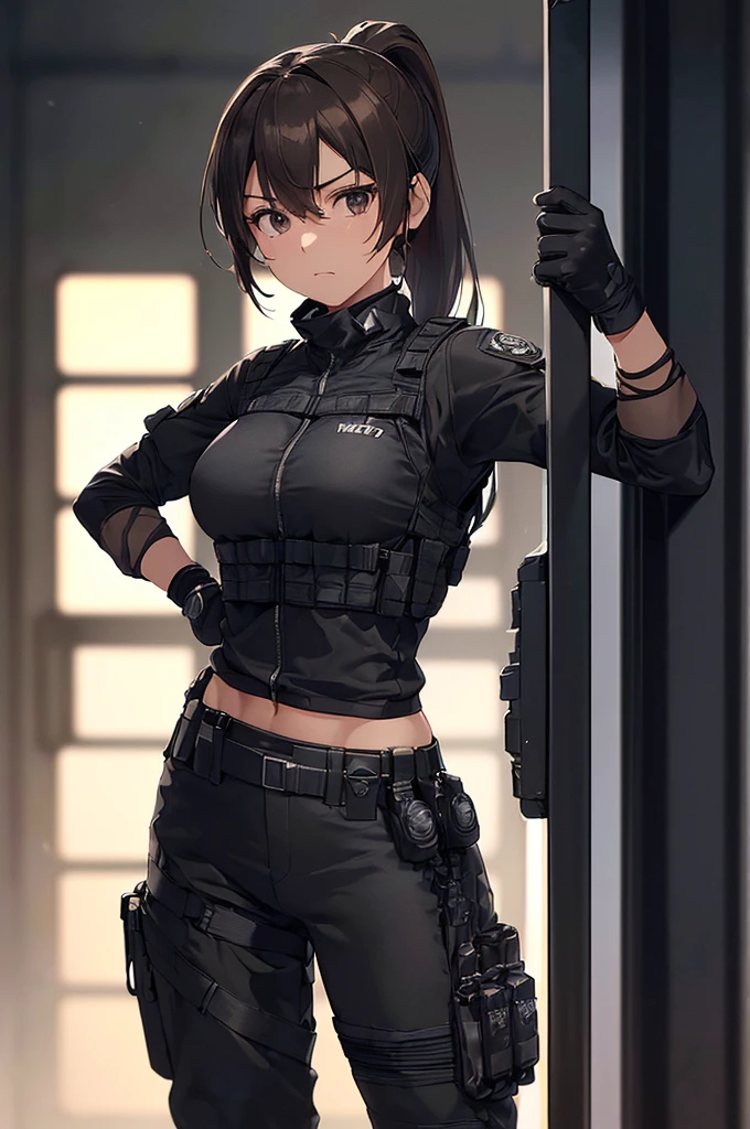 (((masterpiece; best quality: 1.2))), (finely detailed eyes: 1.3), (25 year old woman), (solo), (black eyes: 1.4), (body; toned, fit, soldier: 1.3), (silky brown hair + ponytail: 1.3), (beautiful and clear background: 1.2), ((depth of field)), (equipment: spec ops full black tactical combat-ready gear + kevlar vest + black tactical shirt + black tactical pants + black gloves + black baseball cap + pouches: 1.3), (anime illustration: 1.2), (background composition; military base office: 1.1), (extremely fine and beautiful: 1.1), (shot composition; standing + centered on torso + close-up: 1.5), (expression; calm, stoic: 1.2)