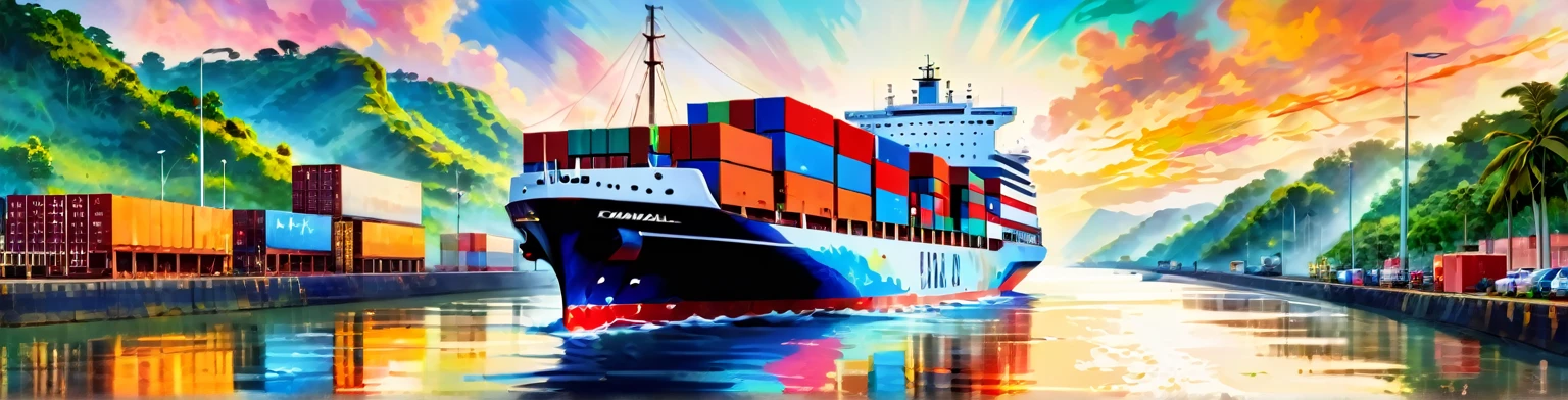 Panama Canal, paint, double exposure, (textura de paint:1.2), (Masterpiece:1.2), Best Quality, (hyperdetailed, more detailed:1.2), high resolution textures, beautiful landscape, Very detailed, very clear, (Panama Canal), vivid colors, HD, multicolor style, barco de buques pasando el Panama Canal, (ship is called Panama)