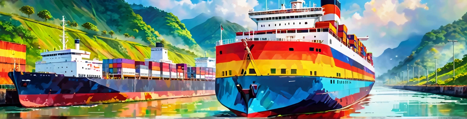 Panama Canal, paint, double exposure, (textura de paint:1.2), (Masterpiece:1.2), Best Quality, (hyperdetailed, more detailed:1.2), high resolution textures, beautiful landscape, Very detailed, very clear, (Panama Canal), vivid colors, HD, multicolor style, barco de buques pasando el Panama Canal, (ship is called Panama)
