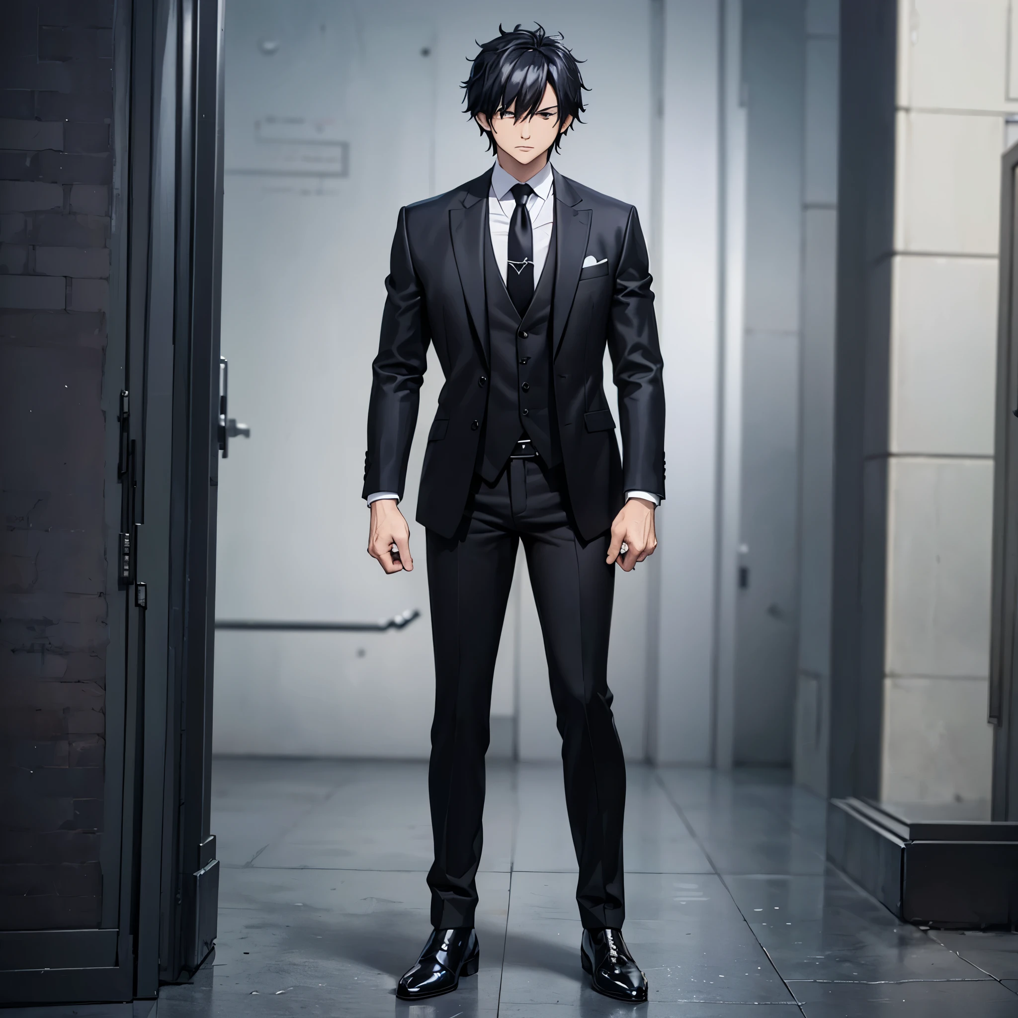A man wearing a black suit and black tie, black hair, black pants, black shoes, muscular, full body