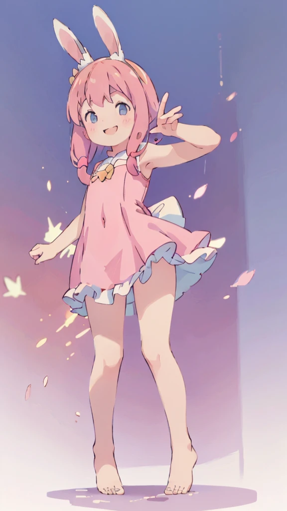 ((masterpiece))((Highest quality))Rabbit Ears、girl、smile、blush、Flat Chest、Are thin、Pink Hair、blush、Are standing、Whole body image、Even your toes are visible、Eye level on face、front、No background、Rabbit Pose、真frontのアングル、Pigtailoon Costume