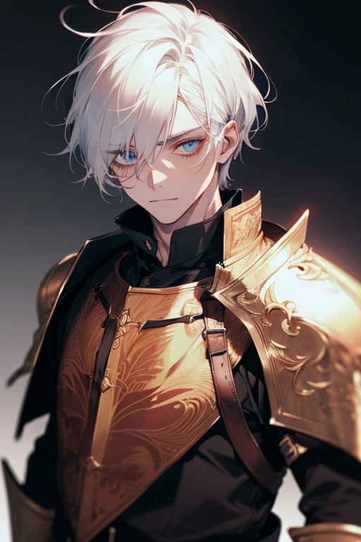 (excellent quality), (high resolution), (absurd game) ((naughty man)), (eyeballs), Half past ten, White hair, disheveled hair, ((paladin)), ((chemise, pants)), character looking at the camera, face detailed, ((Mediovale)), ((bang)), (((simple clothing))), portraite, eyeballs pequenos, traveled warrior