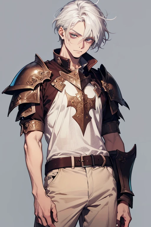 Anime attractive man, 20 year old, blonde hair, very very short ponytail, tall, muscular, black vampire hunter outfit, silver lining, solo, one person, knight, black gloves, silver arm bracers, high resolution, high quality, masterpiece, masculine face, silver necklaces, smirk.