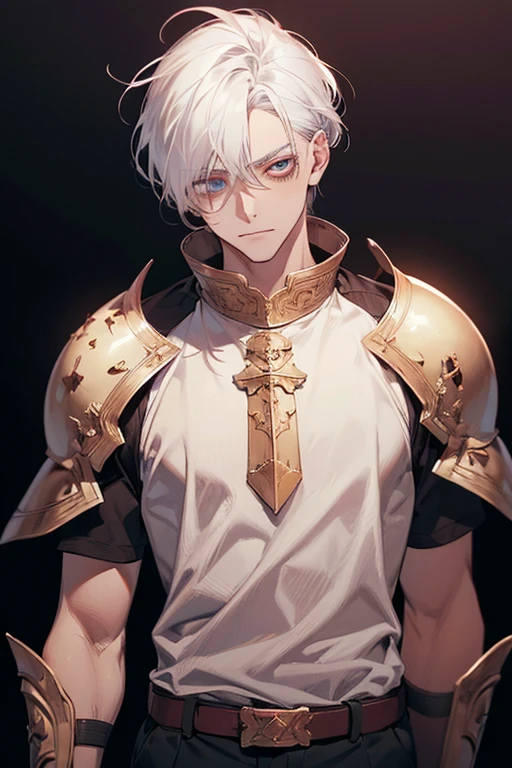 (excellent quality), (high resolution), (absurd game) ((naughty man)), (eyeballs), Half past ten, White hair, disheveled hair, ((paladin)), ((chemise, pants)), character looking at the camera, face detailed, ((Mediovale)), ((bang)), (((simple clothing))), portraite, eyeballs pequenos, traveled warrior
