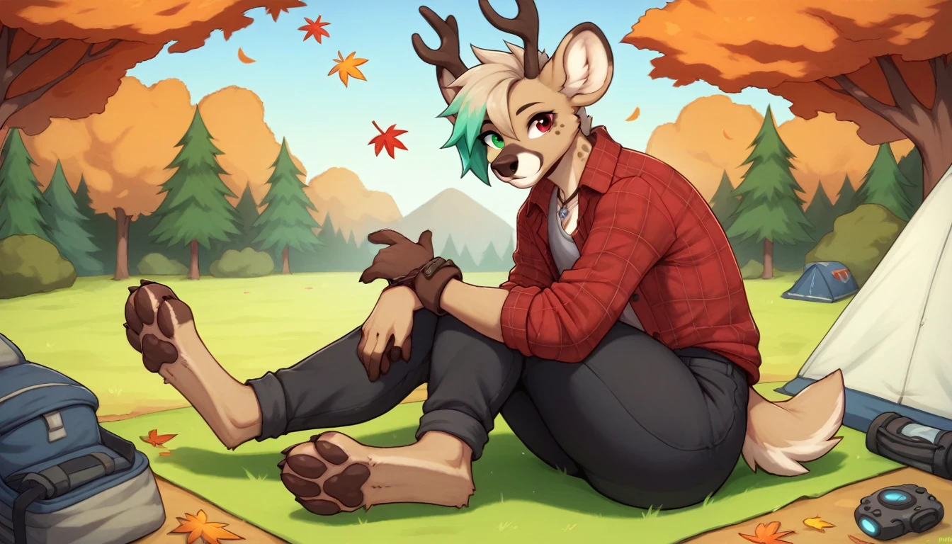 score_9, score_8_up, score_7_up, score_6_up, score_5_up, score_4_up, BREAK (sfw), One anthro, furry, hyena, deer antlers, dark hyena spots, white fawn spots, light brown fur, hyena face, hyena paws, paw feet, cute paw feet, one red eye one green eye, different color eyes, heterochromia, bright red hair, neon hair, dyed hair, mullet hairstyle, twink, femboy, femboy jock, thin body, slim body, thick thighs, big round ass, (((solo))) full body, pastel color scheme, autumn color scheme, camping, camping fire, autumn, fallen leaves, camping tent sitting next to a camp fire, red flannel jacket, over grey cropped shirt, with chocker necklace, black pants, many pockets