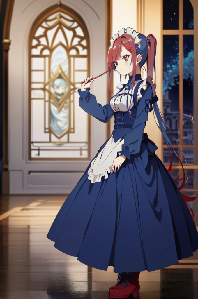 ((split-color hair,red hair,blue hair)),[(cathedral background:1.4)::5],original,(illustration:1.1),(best quality),(masterpiece:1.1),(extremely detailed CG unity 8k wallpaper:1.1), (colorful:0.9),(mid shot:0.95),(full body:1.5),Dynamic angle,(solo:1.2), (girl),((adult)), (detailed beautiful eyes:1.15), (beautiful face:1.15), (glowing red eyes:1.25////),((medium hair)),((split-color hair,red hair,blue hair)),(high twintails),(chignon),(+perfect hand+:1.21),(Draw an illustration of a gothic girl),(Religious),(slender),(is wearing boots on her feet),((is wearing white maid clothes)),(furious), Lace Off-shoulder lolita fashion,beautiful slender woman,high twintails,((split-color hair,red hair,blue hair)),((split-color hair,red hair,blue hair)),from side,((split-color hair,red hair,blue hair)),