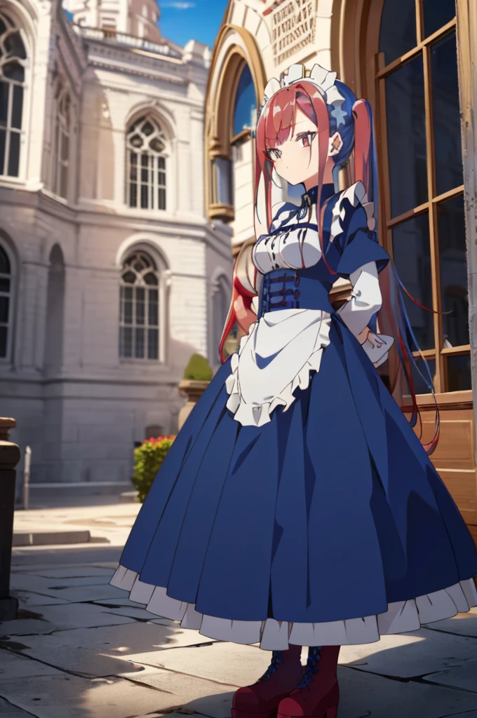((split-color hair,red hair,blue hair)),[(cathedral background:1.4)::5],original,(illustration:1.1),(best quality),(masterpiece:1.1),(extremely detailed CG unity 8k wallpaper:1.1), (colorful:0.9),(mid shot:0.95),(full body:1.5),Dynamic angle,(solo:1.2), (girl),((adult)), (detailed beautiful eyes:1.15), (beautiful face:1.15), (glowing red eyes:1.25////),((medium hair)),((split-color hair,red hair,blue hair)),(high twintails),(chignon),(+perfect hand+:1.21),(Draw an illustration of a gothic girl),(Religious),(slender),(is wearing boots on her feet),((is wearing white maid clothes)),(furious), Lace Off-shoulder ta fashion,beautiful slender woman,high twintails,((split-color hair,red hair,blue hair)),((split-color hair,red hair,blue hair)),from side,((split-color hair,red hair,blue hair)),