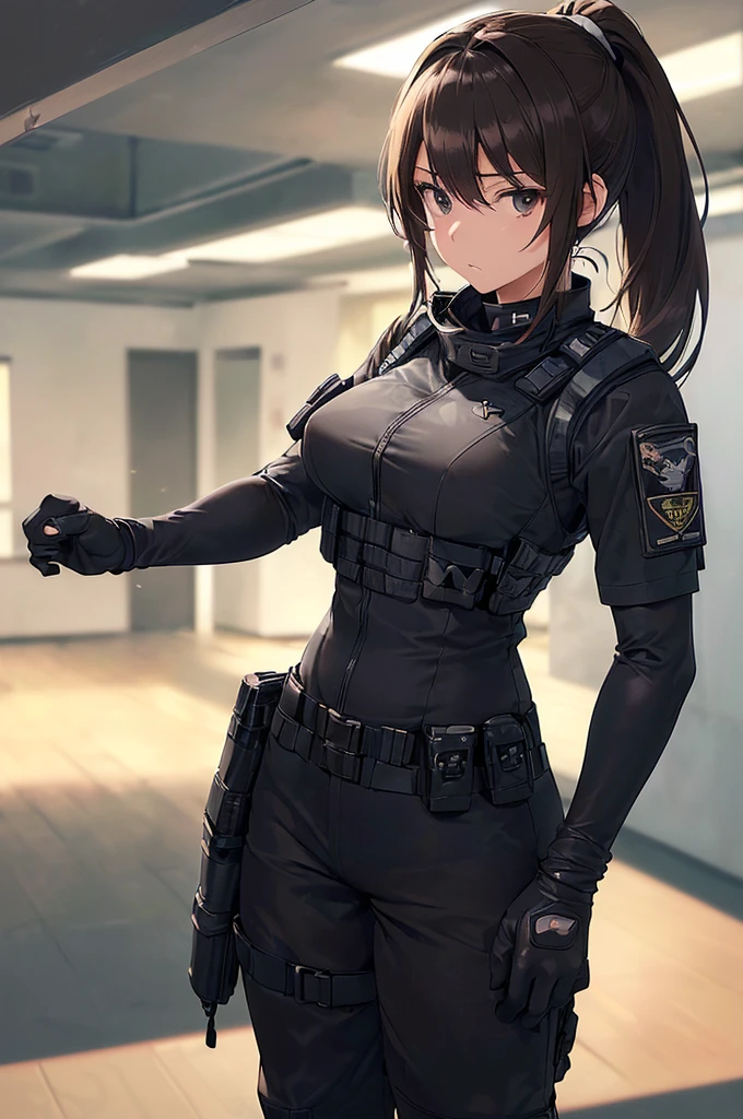 (((masterpiece; best quality: 1.2))), (finely detailed eyes: 1.3), (25 year old woman), (solo), (black eyes: 1.4), (body; toned, fit, soldier: 1.3), (silky brown hair + ponytail: 1.3), (beautiful and clear background: 1.2), ((depth of field)), (equipment: spec ops full black tactical combat-ready gear + kevlar vest + black tactical shirt + black tactical pants + black gloves + black baseball cap + pouches: 1.3), (anime illustration: 1.2), (background composition; military base office: 1.1), (extremely fine and beautiful: 1.1), (shot composition; standing + centered on torso + close-up: 1.5), (expression; calm, stoic: 1.2)