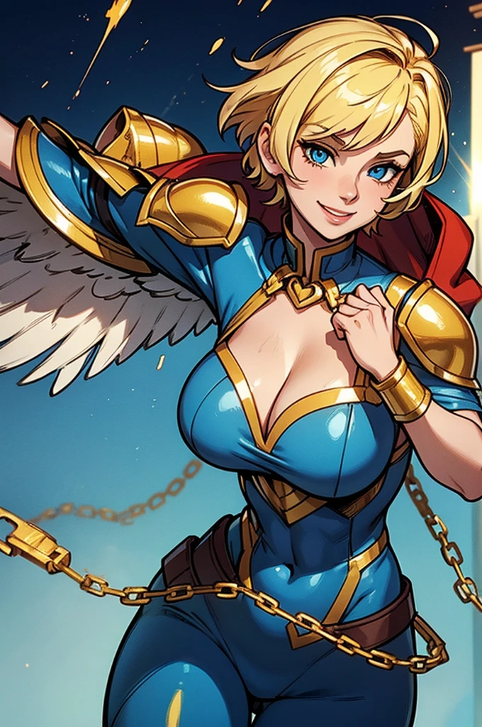 Young female, blonde with short hair, with big, bright blue eyes, wearing a blue costume, defined chest, wearing a golden shoulder pad in the shape of an eagle, with a golden chain running across his chest holding a red cape Smiling with blood splash on face and clothes