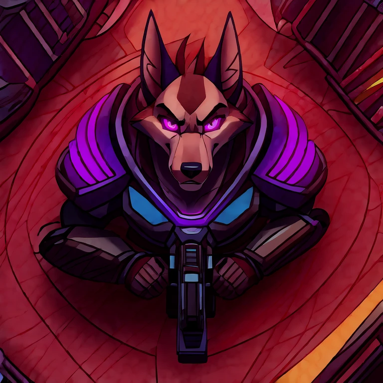 (masterpiece, best quality: 1.2), Anubis Hellhound, a bodyguard, wolf, furry, brown fur, an amazing boss, hypnotized with glowing purple eyes, serious and angry face, wearing futuristic armor, wearing futuristic armor, using a Pulse Rifle, Energy Rifle, Futuristic assault rifle, itroops formed in rows like soldiers aerial view, hell streets background