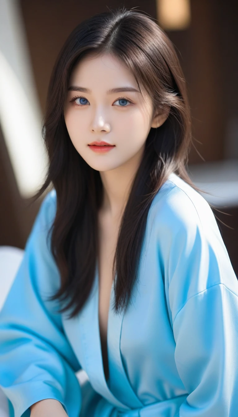 8K, Ultra-high resolution, best quality, masterpiece, Rule of thirds photo,Surreal, photo, 1 girl, (16 years old:1.3), pretty girl, Cute face, Beautiful eyes in every detail, (Light blue eyes:2.2)detailed,masterpiece,A girl:1.2, Japanese female announcer,On the table,glare,Black Hair,medium length bob hairstyle, Semi-long hair,(White robe:1.8),White collared shirt,Chest button open,Clear focus、Perfect dynamic composition、Beautiful and detailed、Thinning hair、Realistic skin texture,Attention to detail、Smile、Close-up portrait、Model body type,Looking at the audience、beauty,Long Neck、(((Ideal body shape))),C cup small breasts :2,、image:2、Perfect anatomical structure、detailed、detailed、Surreal、Light and Shadow,glare