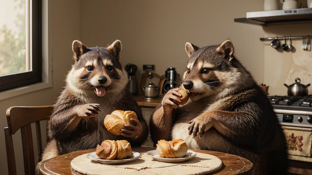 Ultra-realistic, whimsical caricature in 3D, oil painting in watercolor of two 60-year-old raccoon dogs, slightly overweight, just-woken women, hair everywhere, a little disheveled, sitting at the kitchen table with a croissant and coffee, looking sleepy and fluffy, with a mischievous squirrel stealing their croissant.