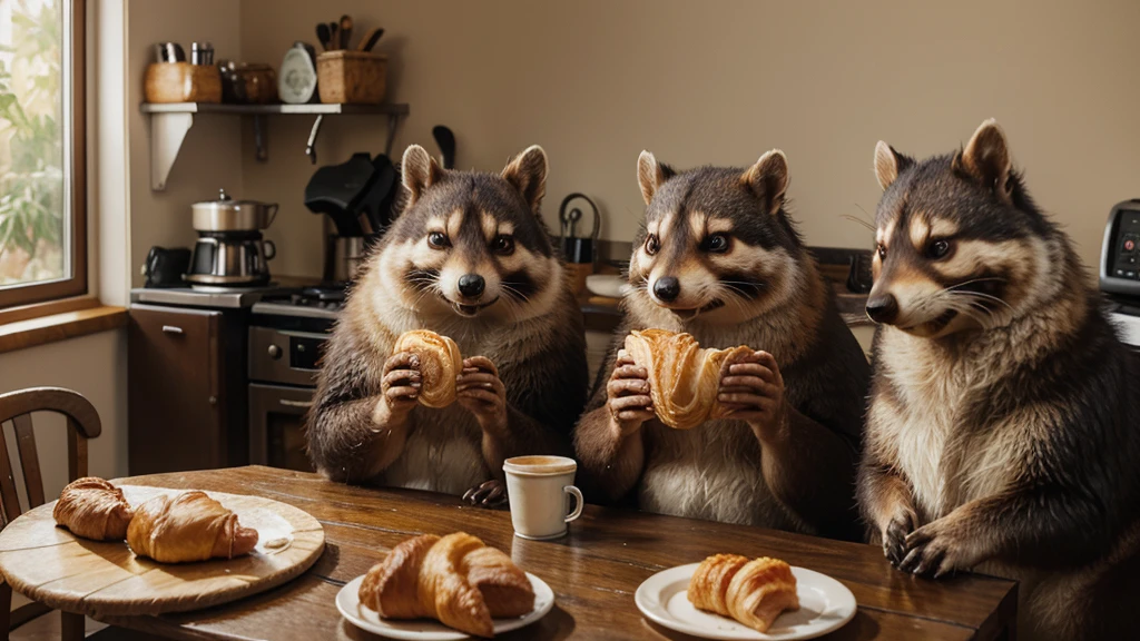 Ultra-realistic, whimsical caricature in 3D, oil painting in watercolor of two 60-year-old raccoon dogs, slightly overweight, just-woken women, hair everywhere, a little disheveled, sitting at the kitchen table with a croissant and coffee, looking sleepy and fluffy, with a mischievous squirrel stealing their croissant.