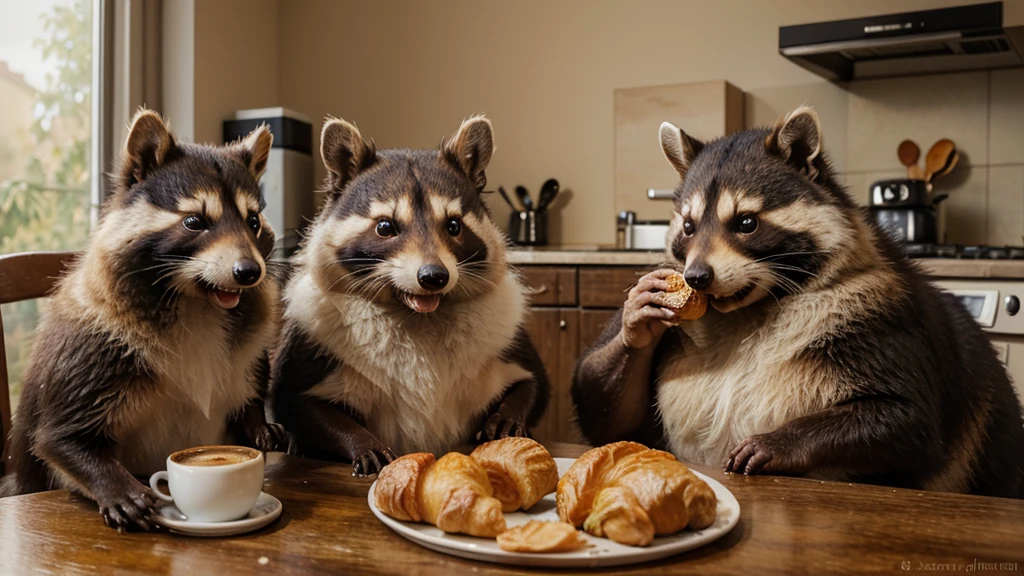 Ultra-realistic, whimsical caricature in 3D, oil painting in watercolor of two 60-year-old raccoon dogs, slightly overweight, just-woken women, hair everywhere, a little disheveled, sitting at the kitchen table with a croissant and coffee, looking sleepy and fluffy, with a mischievous squirrel stealing their croissant.