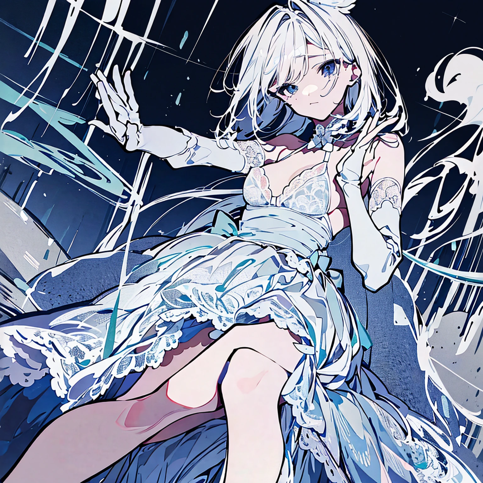 face detailed, detailedeyes, dutch angle, perfect hands, facing the front, 1 girl, Youngh, , 18-years old, Small Breasts1 girl, grown-up, mature woman, medium breasts, nsfw, lingerie, (White hair:1.2) , cramped and intricate (Unripe:1.5) prom dress, , (long ruffled elbow gloves, lace thighs, high-heels:1.15), (styled hair:1.3), embarrased, tears, sitting down, waving, on a snowy beach, Mochizuki Kei