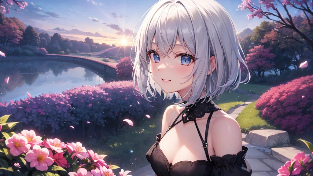 Ultra HD,Look at the viewers, Put your hands behind your back, With a girl, 20-year-old, 非常にShort Hair, Long bangs between the eyes, Pale blue eyes, Very detailed,(masterpiece、Highest quality),Gray Hair、Laughter、Fantastic, Silver Hair, Iris, Short hair、 Fluttering Hair、Small Face、明るいsmile、(Detailed face) ,Professional Lighting,Wonderful landscape,blue sky, sunlight,Looking down from above,Portraiture、Open your mouth、Flower Field、Her eyes were shining、Mysterious and enchanting atmosphere。With AI Painting、とてもShort Hair, Long bangs between the eyes, Very detailed,(masterpiece、Highest quality)、alone、Gray Hair、Fantasy, Silver Hair, Fantasyな風景、White shirt、smile、Open your mouth、short hair、Short Hair、hairpin、black eye、Grey Eyes、Beautiful Eyes、
