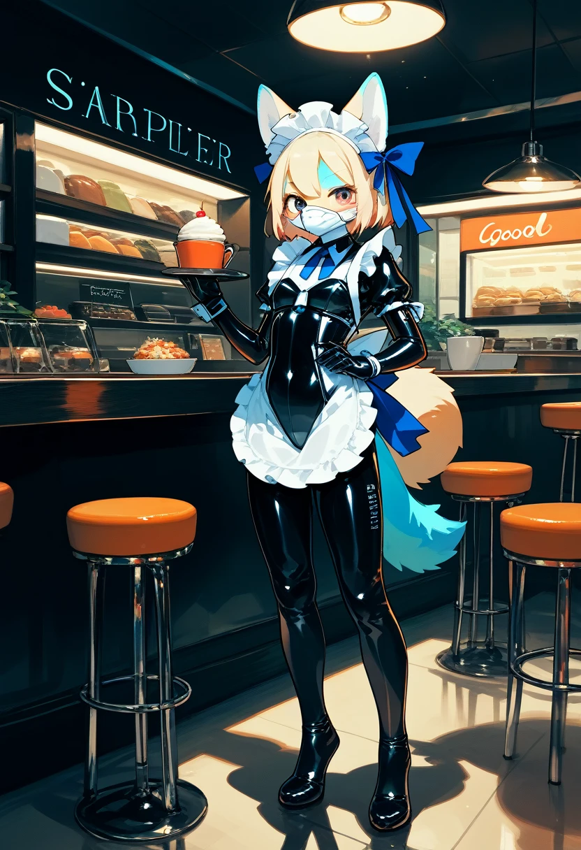 Highest quality, Highest quality, High quality illustrations, masterpiece, Ultra-high resolution, Detailed Background, Cafe, Absurd, Perfect Anatomy, performance, Good lighting, Shadows in the movies(kemono, Furry Personifi猫ion), Blueskin, Rubber suit, Rubber suit, latex, neon, neonライト, neonカラー, Rubber maid outfit, ribbon, Rubber mask