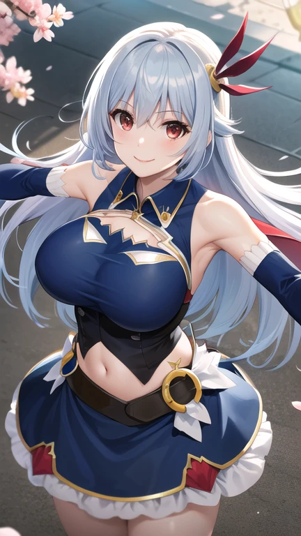 masterpiece, best quality, highres, aaev, long hair, hair ornament, large breasts, cleavage, clothing cutout, blue shirt, sleeveless shirt, detached sleeves, midriff, skirt, blue skirt, cherry blossoms, standing, cowboy shot, outstretched arms, reaching out, smile,