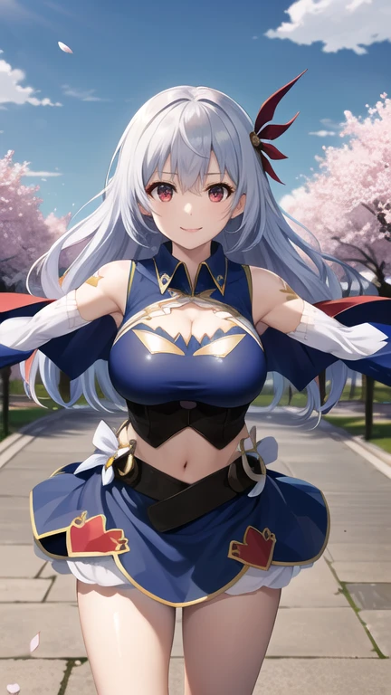 masterpiece, best quality, highres, aaev, long hair, hair ornament, large breasts, cleavage, clothing cutout, blue shirt, sleeveless shirt, detached sleeves, midriff, skirt, blue skirt, cherry blossoms, standing, cowboy shot, outstretched arms, reaching out, smile,