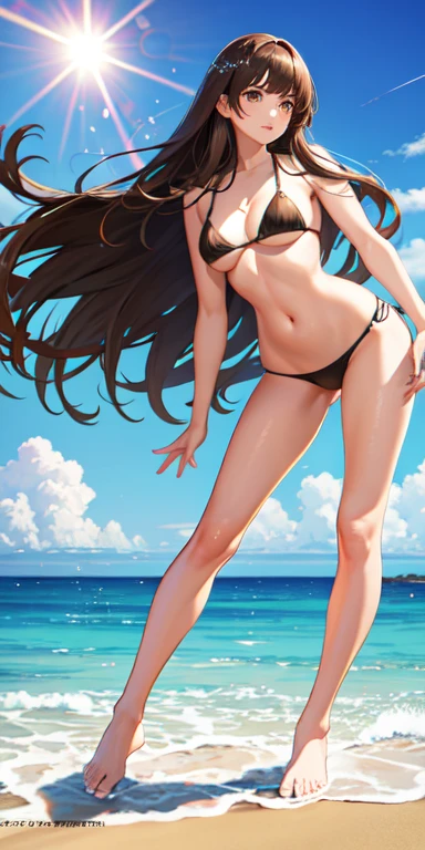 realistic, 1girl, brown long hair and bangs, brown eyes, bikini, beach, light particles, light rays, wallpaper, posing