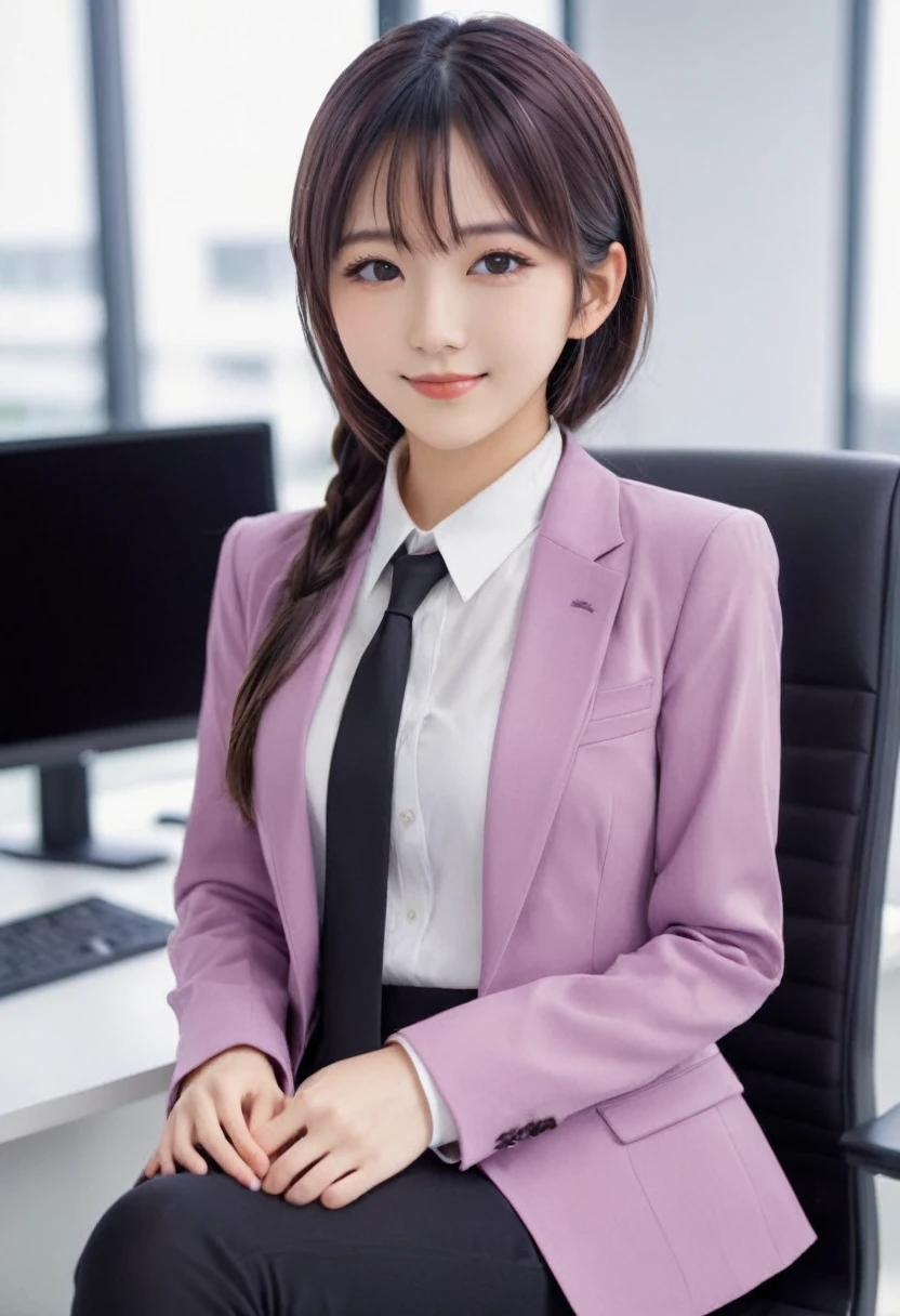 anime girl, 18 years old, looks young, a computer engineer, medium-length brown hair, red eyes, purple suit, black tie, black pants, sitting in an office chair, looking at us, smiling, a red necklace, a red buckle, alone , 8K Image Quality
