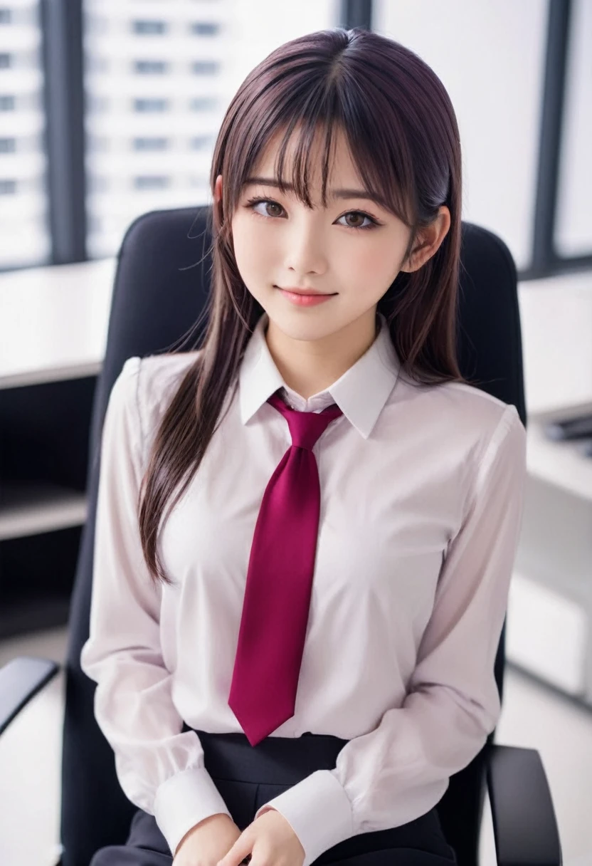 anime girl, 18 years old, looks young, a computer engineer, medium-length brown hair, red eyes, purple suit, black tie, black pants, sitting in an office chair, looking at us, smiling, a red necklace, a red buckle, alone , 8K Image Quality