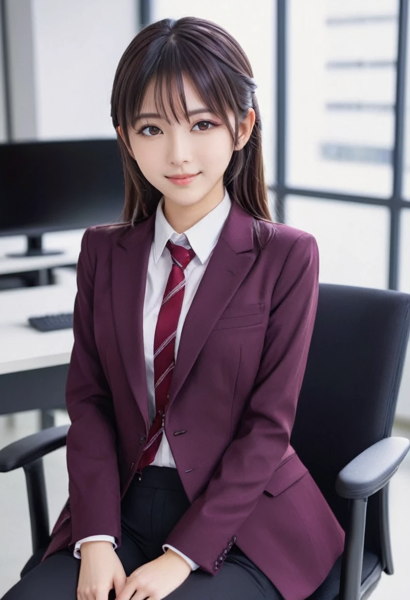 anime girl, 18 years old, looks young, a computer engineer, medium-length brown hair, red eyes, purple suit, black tie, black pants, sitting in an office chair, looking at us, smiling, a red necklace, a red buckle, alone , 8K Image Quality