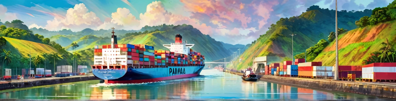 Panama Canal, paint, double exposure, (textura de paint:1.2), (Masterpiece:1.2), Best Quality, (hyperdetailed, more detailed:1.2), high resolution textures, beautiful landscape, Very detailed, very clear, (Panama Canal), vivid colors, HD, multicolor style, barco de buques pasando el Panama Canal