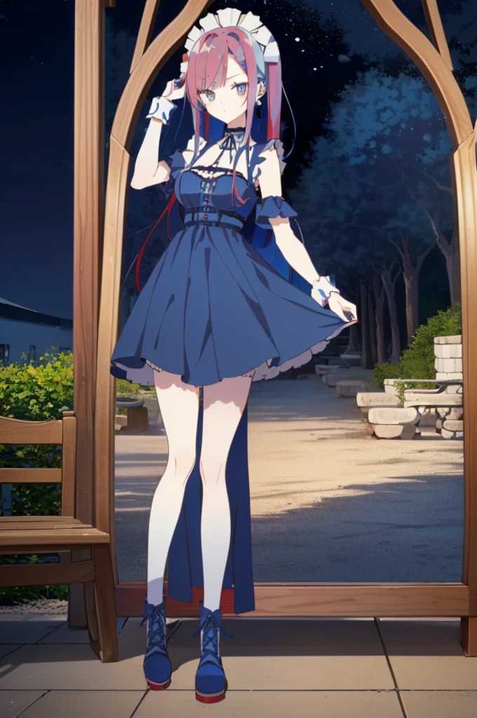 ((split-color hair,red hair,blue hair)),[(garden background:1.4)::5],original,(illustration:1.1),(best quality),(masterpiece:1.1),(extremely detailed CG unity 8k wallpaper:1.1), (colorful:0.9),(mid shot:0.95),(full body:1.5),Dynamic angle,(solo:1.2), (girl),((adult)), (detailed beautiful eyes:1.15), (beautiful face:1.15), (glowing red eyes:1.25////),((medium hair)),((split-color hair,red hair,blue hair)),(high twintails),(chignon),(+perfect hand+:1.21),(Draw an illustration of a gothic girl),(Religious),(slender),(is wearing boots on her feet),((is wearing white maid clothes)),(furious), Lace Off-shoulder lolita fashion,beautiful slender woman,high twintails,((split-color hair,red hair,blue hair)),((split-color hair,red hair,blue hair)),from side,((split-color hair,red hair,blue hair)),((split-color hair,red hair,blue hair)),