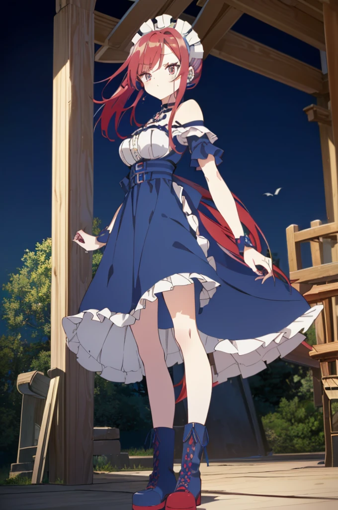 ((split-color hair,red hair,blue hair)),[(garden background:1.4)::5],original,(illustration:1.1),(best quality),(masterpiece:1.1),(extremely detailed CG unity 8k wallpaper:1.1), (colorful:0.9),(mid shot:0.95),(full body:1.5),Dynamic angle,(solo:1.2), (girl),((adult)), (detailed beautiful eyes:1.15), (beautiful face:1.15), (glowing red eyes:1.25////),((medium hair)),((split-color hair,red hair,blue hair)),(high twintails),(chignon),(+perfect hand+:1.21),(Draw an illustration of a gothic girl),(Religious),(slender),(is wearing boots on her feet),((is wearing white maid clothes)),(furious), Lace Off-shoulder lolita fashion,beautiful slender woman,high twintails,((split-color hair,red hair,blue hair)),((split-color hair,red hair,blue hair)),from side,((split-color hair,red hair,blue hair)),((split-color hair,red hair,blue hair)),