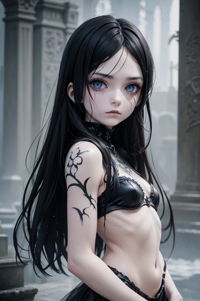 A hauntingly beautiful gothic figure emerges from the gloom, a broken doll of a woman with a cascade of black hair and piercing blue eyes. Scars mar her delicate features, and intricate tattoos adorn her pale skin. Clad in somber gothic attire, she stands amidst the rain-soaked gravestones, a vision of eerie elegance. This high-quality image, perhaps a painting or photograph, captures the melancholic beauty of a mysterious and enigmatic character, drawing viewers into her captivating presence. visible bloddy scar on the face, thunder in the sky, body halve shatterd porcelan, the other halve is of flesh and blood giving her a creepy allure