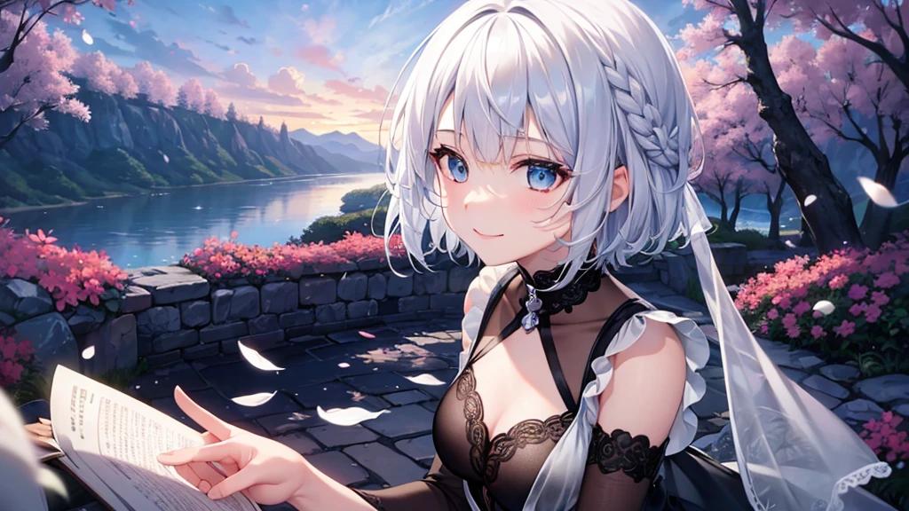 Ultra HD,Look at the viewers, Put your hands behind your back, With a girl, 20-year-old, 非常にShort Hair, Long bangs between the eyes, Pale blue eyes, Very detailed,(masterpiece、Highest quality),Gray Hair、Laughter、Fantastic, Silver Hair, Iris, Short hair、 Fluttering Hair、Small Face、明るいsmile、(Detailed face) ,Professional Lighting,Wonderful landscape,blue sky, sunlight,Looking down from above,Portraiture、Open your mouth、Flower Field、Her eyes were shining、Mysterious and enchanting atmosphere。With AI Painting、とてもShort Hair, Long bangs between the eyes, Very detailed,(masterpiece、Highest quality)、alone、Gray Hair、Fantasy, Silver Hair, Fantasyな風景、White shirt、smile、Open your mouth、short hair、Short Hair、hairpin、black eye、Grey Eyes、Beautiful Eyes、