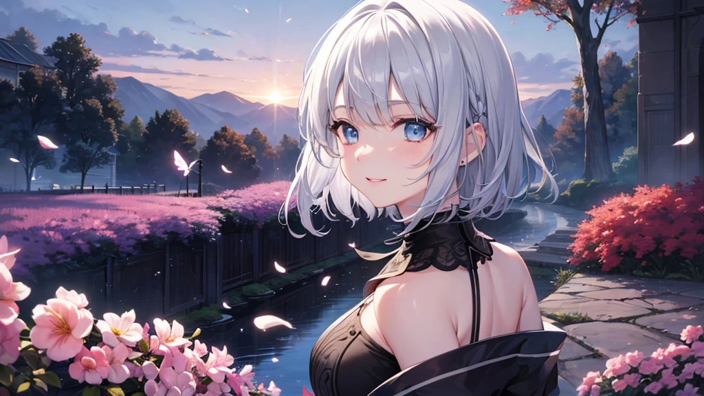Ultra HD,Look at the viewers, Put your hands behind your back, With a girl, 20-year-old, 非常にShort Hair, Long bangs between the eyes, Pale blue eyes, Very detailed,(masterpiece、Highest quality),Gray Hair、Laughter、Fantastic, Silver Hair, Iris, Short hair、 Fluttering Hair、Small Face、明るいsmile、(Detailed face) ,Professional Lighting,Wonderful landscape,blue sky, sunlight,Looking down from above,Portraiture、Open your mouth、Flower Field、Her eyes were shining、Mysterious and enchanting atmosphere。With AI Painting、とてもShort Hair, Long bangs between the eyes, Very detailed,(masterpiece、Highest quality)、alone、Gray Hair、Fantasy, Silver Hair, Fantasyな風景、White shirt、smile、Open your mouth、short hair、Short Hair、hairpin、black eye、Grey Eyes、Beautiful Eyes、
