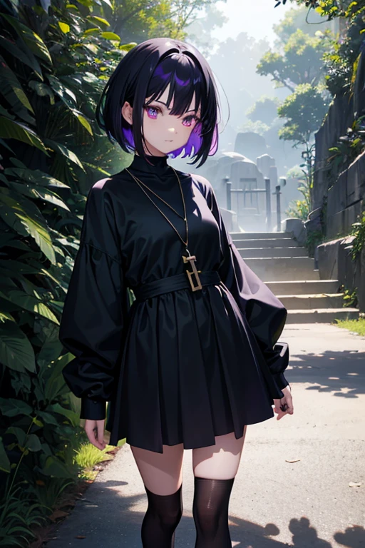 raven in background shadow covered girl, covered in shadows, lack shadows in background Anime girls, carrying katana, anime, short black hair with neon purple highlights, hair is above shoulder height, smooth beautiful, 4k, anime art, pendant on hair, cross t necklace, vivid black dress, battle armor, Deep in the forest there are stone angels all black and dark, anime dark styler,girl walking forward,